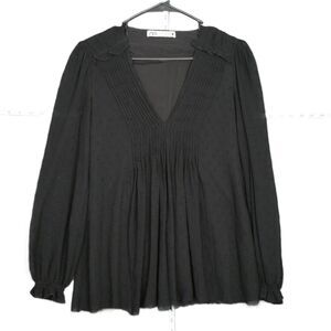 ZARA Women MED Black Double Layer Sheer Chiffon Polka Dot Blouse Frayed Hem